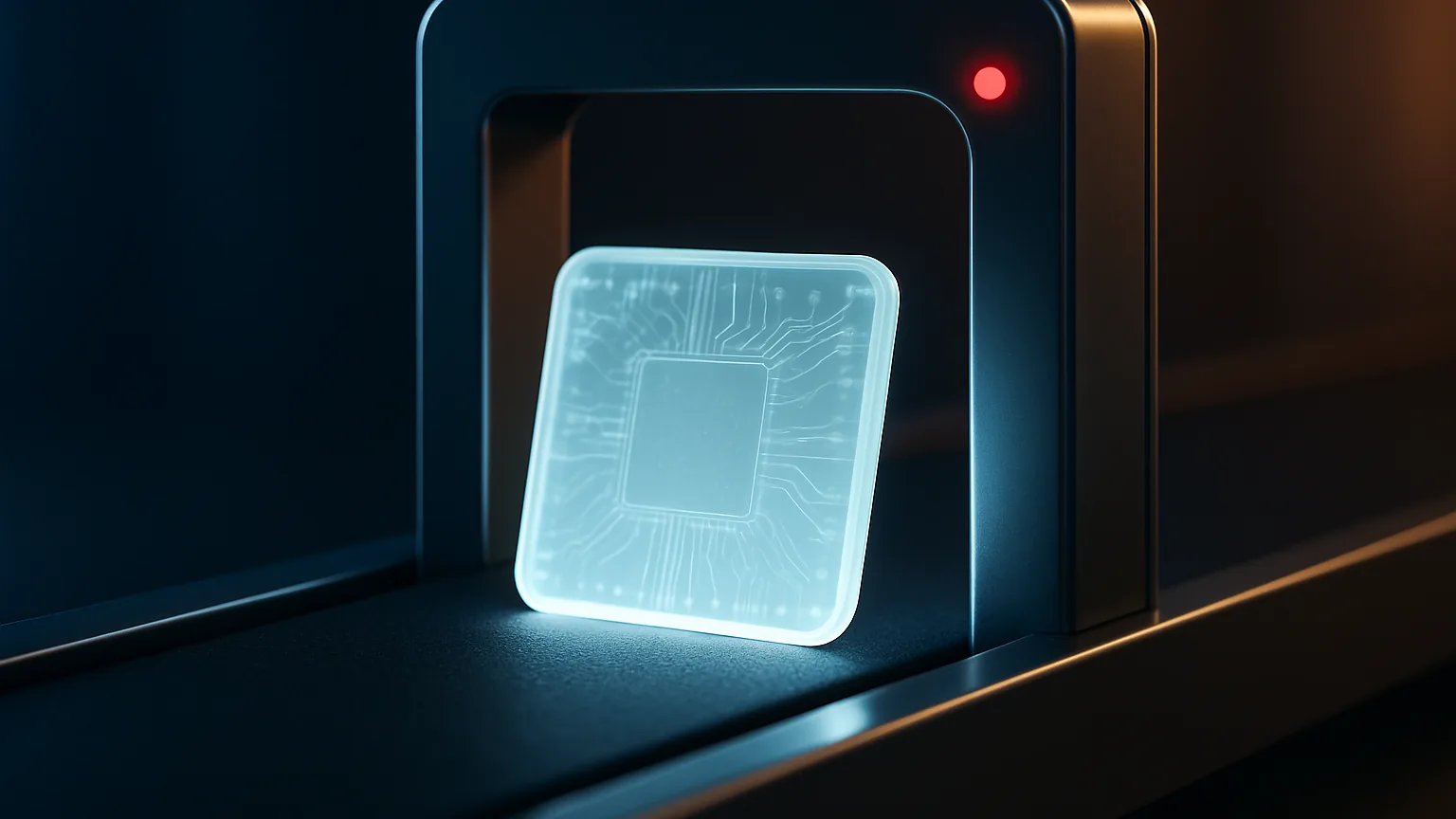 A glowing translucent microchip with faint circuit traces on a conveyor passing through a metal inspection archway with a red indicator light, illustrating an advanced AI model undergoing a security review before release