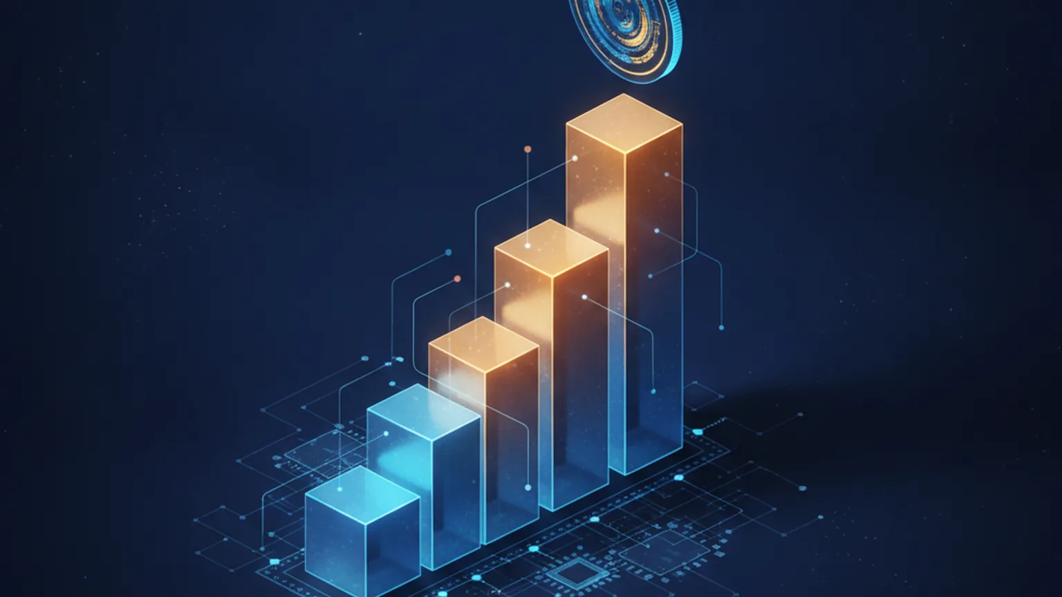 Isometric illustration of a rising bar chart made of glowing blue and amber blocks over a circuit board, with a floating data disc, representing growing enterprise AI budgets