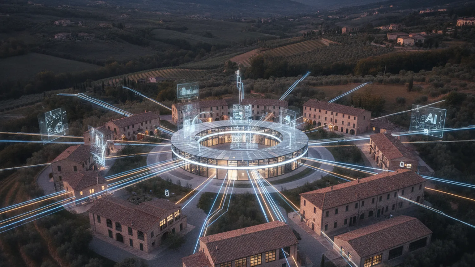 Vista dall'alto di piccole imprese italiane in una valle collegate da linee di dati luminose blu e ambra a un hub centrale illuminato, a rappresentare una rete di trasferimento tecnologico che porta l'intelligenza artificiale alle PMI