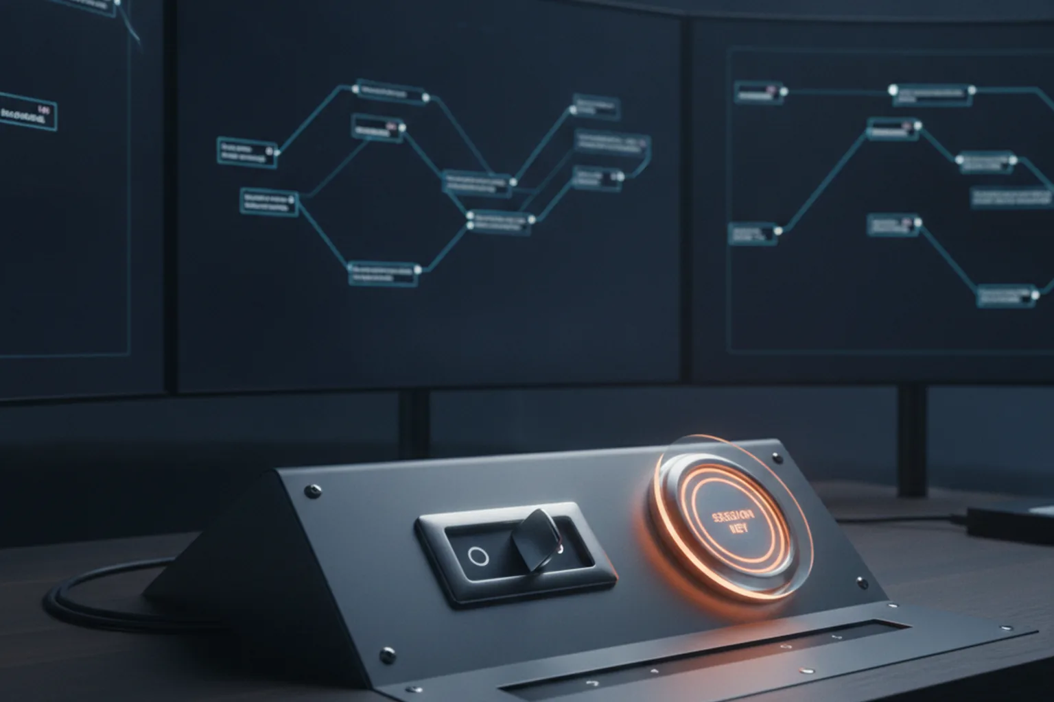 A data pipeline orchestration console with directed-acyclic-graph screens, a logout switch flipped off, and a session key badge still glowing, illustrating an authentication token that survives logout in Apache Airflow