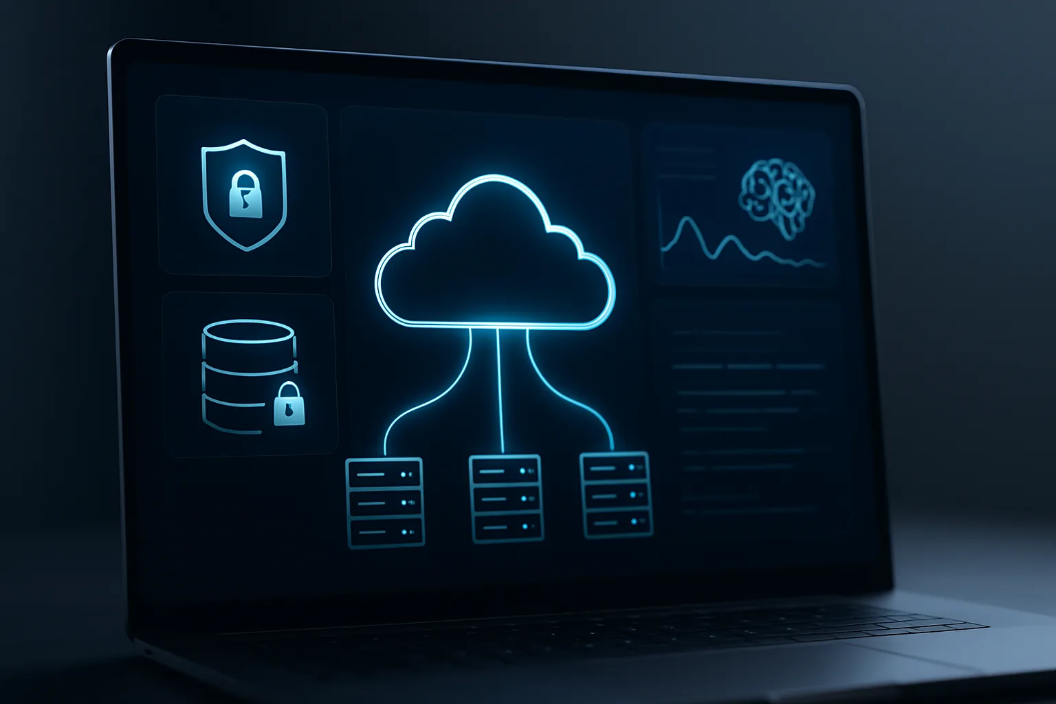 Enterprise cloud security dashboard showing encrypted AI log storage with cloud connectivity and AI monitoring icons