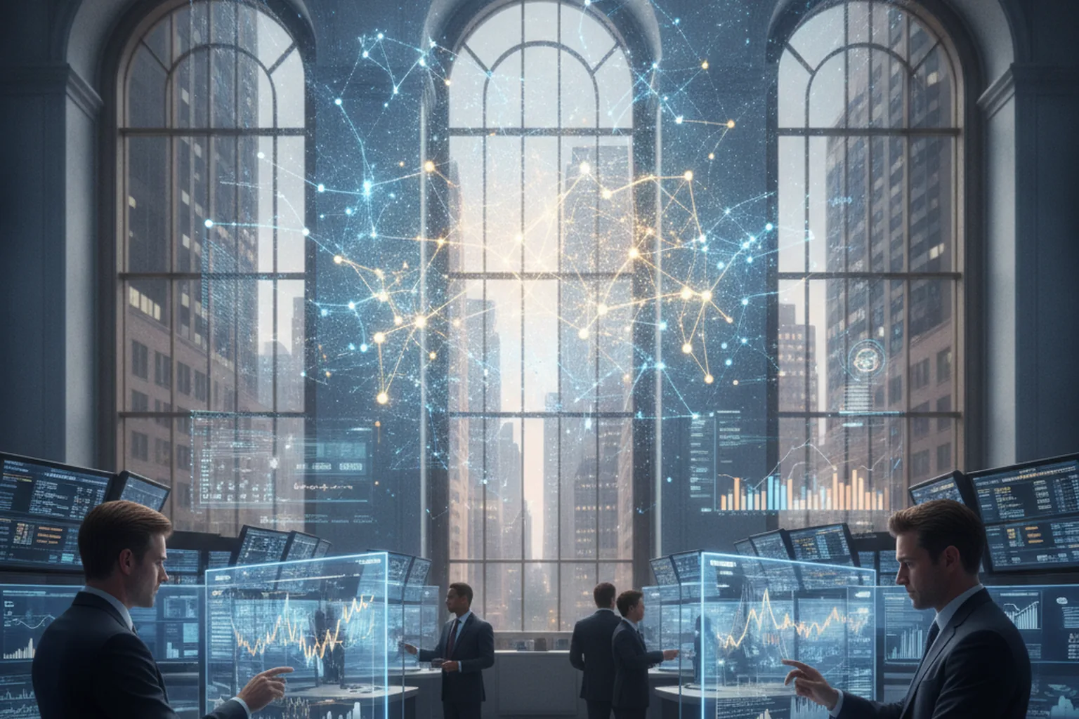 Financial trading floor with AI neural network visualization representing Anthropic IPO enterprise vendor risk