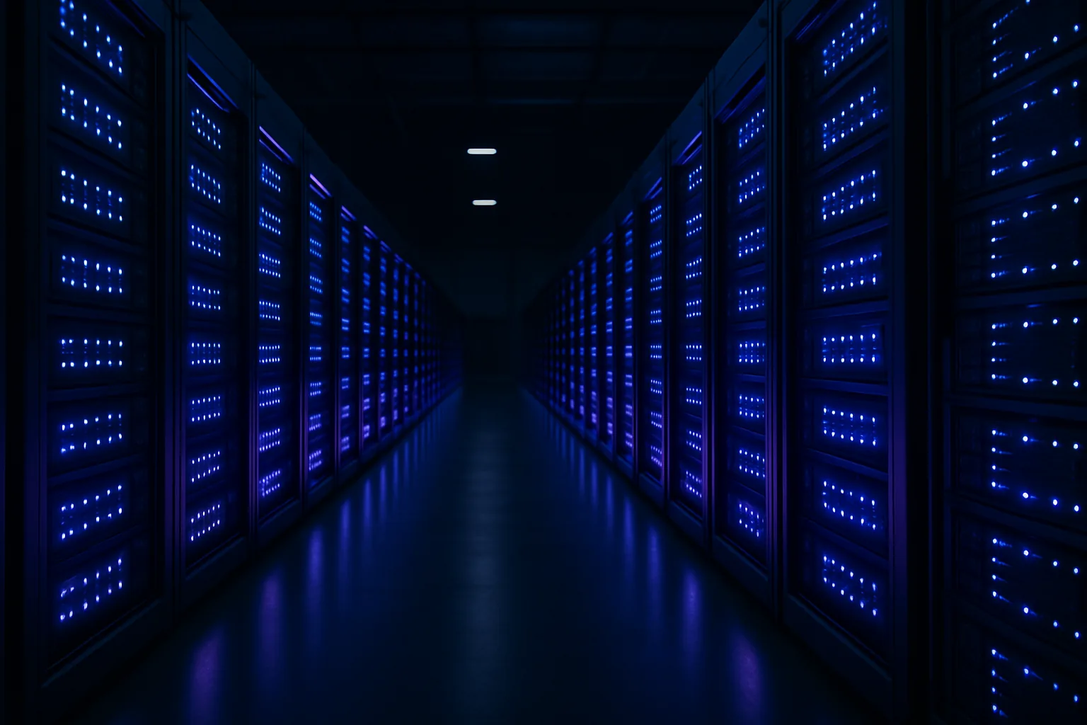 Rows of high-density GPU server racks glowing blue in a large enterprise data center, representing AI computing infrastructure at scale