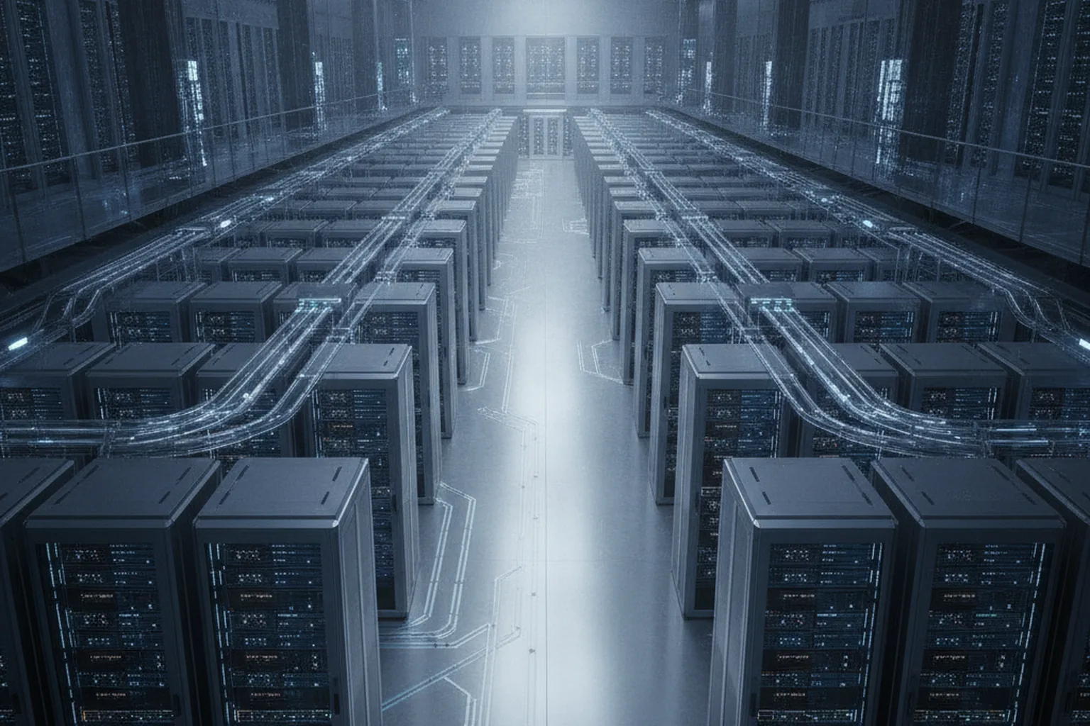 Rows of server racks in a large AI data center hall, illuminated in deep blue light, representing dedicated AI computing infrastructure