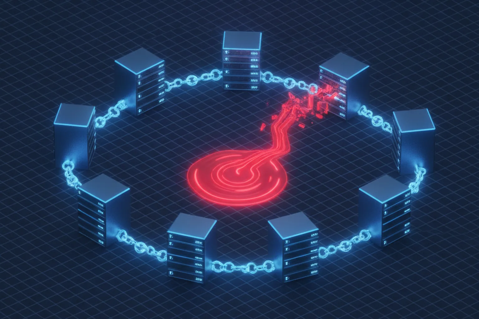 Isometric illustration of a ring of server racks connected by glowing padlocked encrypted links on a dark blue grid, with one link shattered and a red malicious data stream slipping through the broken encrypted channel into the cluster