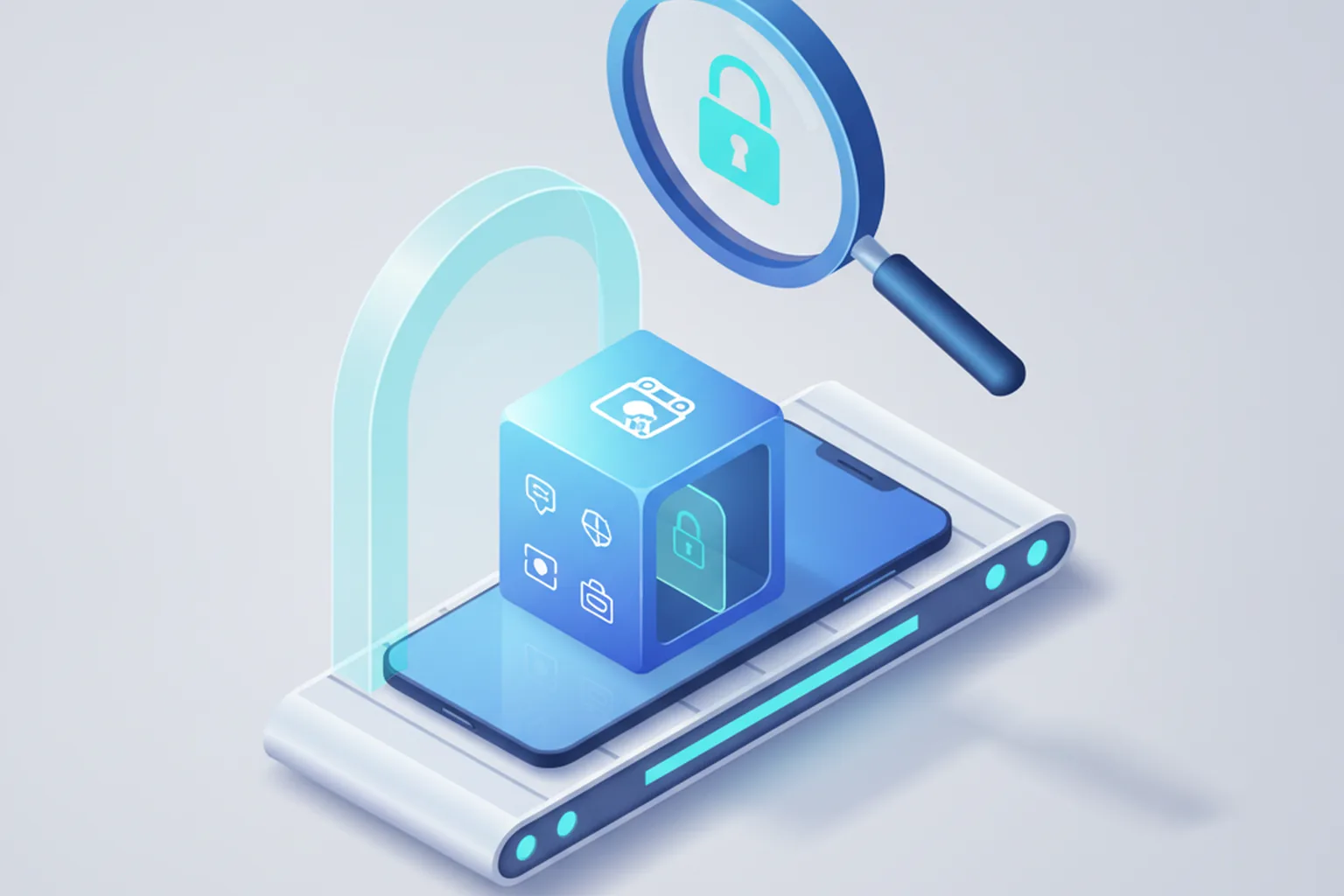 Isometric illustration of an app box on a smartphone passing through an inspection gate while a magnifying glass reveals a locked hidden compartment