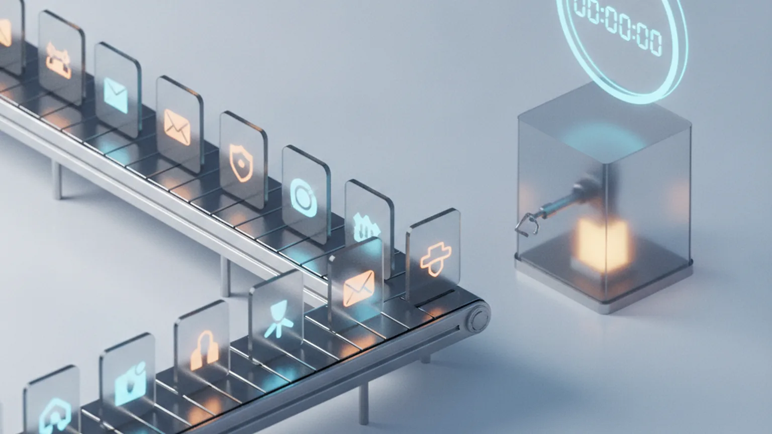 Isometric illustration of app tiles on a long conveyor belt waiting in front of a single inspection booth with a timer above it