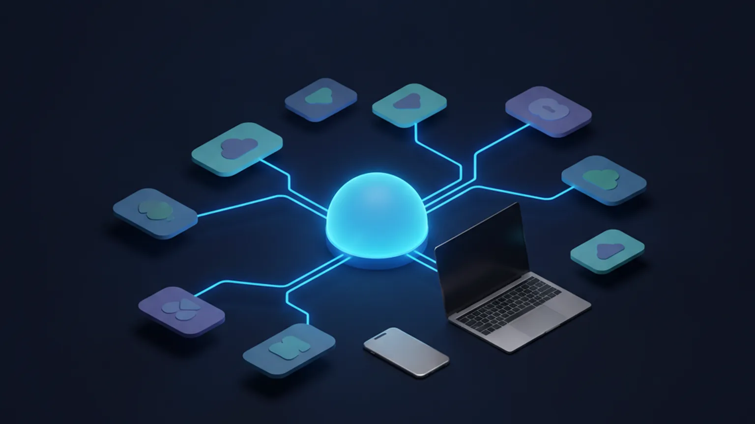 Isometric illustration of a glowing central hub connected by blue light lines to floating app tiles, a laptop and a smartphone