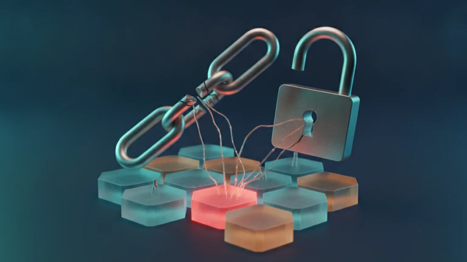Abstract illustration of a broken chain link and an open padlock over a mesh of hexagonal cluster nodes, one node glowing red as a compromise spreads, representing an Argo CD cluster takeover
