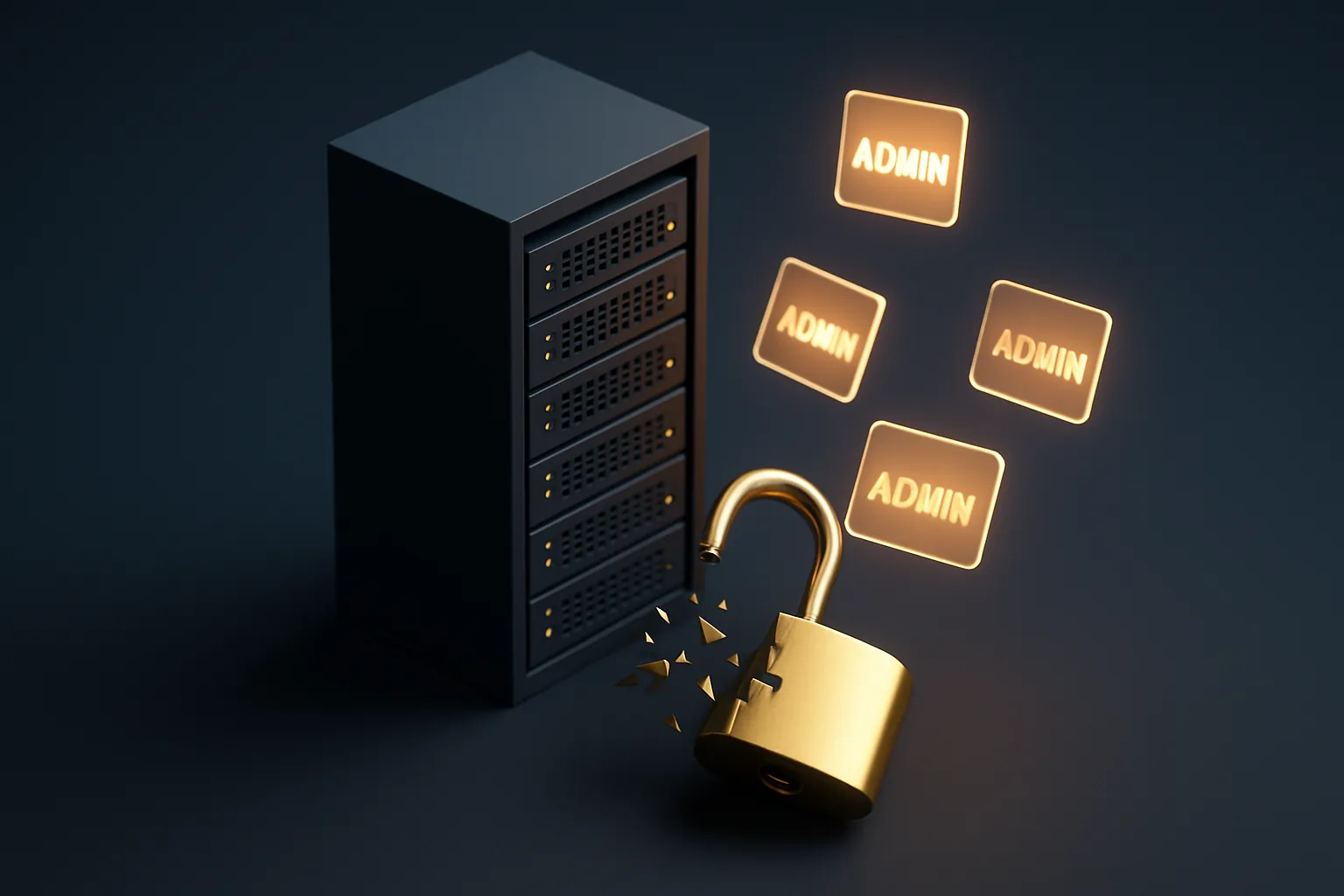 Isometric server rack with a shattered golden padlock at its base, multiple glowing admin token cards floating upward against a dark navy background, representing unauthorized privilege escalation in a software repository