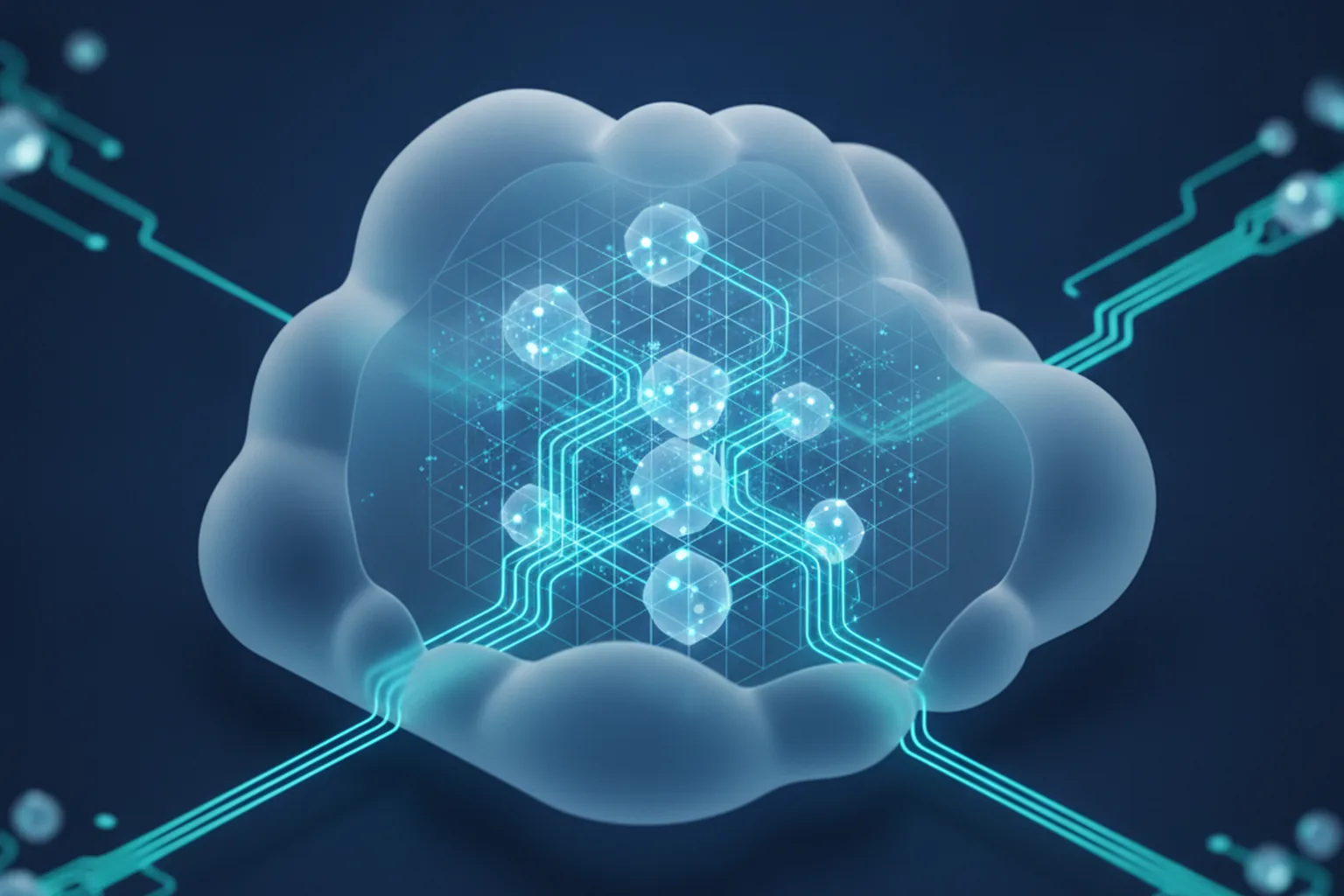 Abstract cloud with glowing AI neural network pathways representing enterprise data flowing into an AI training system on a dark navy background