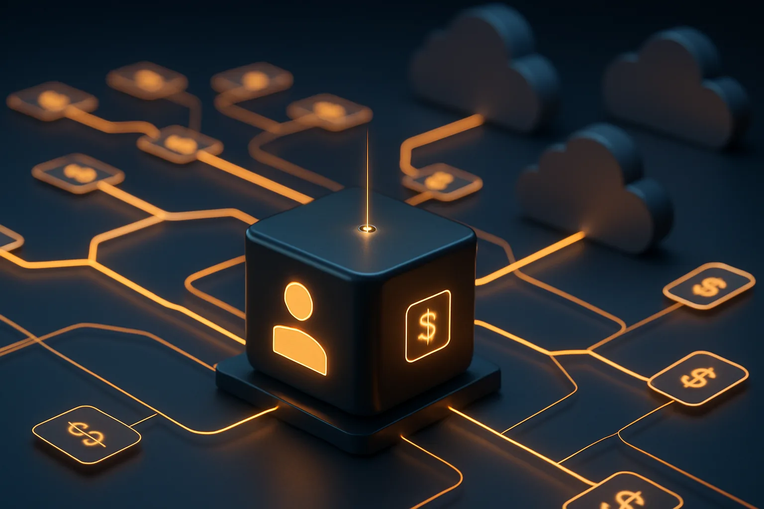 An AI agent node at the center of a glowing amber payment transaction network connecting to cloud services and APIs, representing autonomous agentic commerce infrastructure
