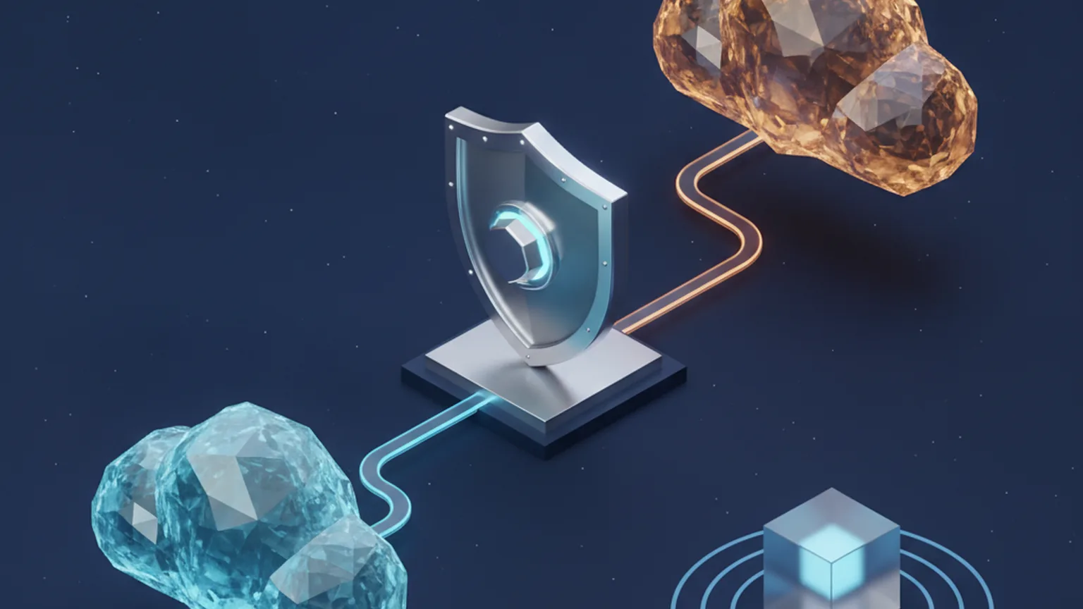 Isometric illustration of a metallic security shield on a platform at the center of deep navy space, linked by glowing blue and amber cables to two faceted crystal cloud shapes, with a glowing cube inside a blue radar ring in the lower right