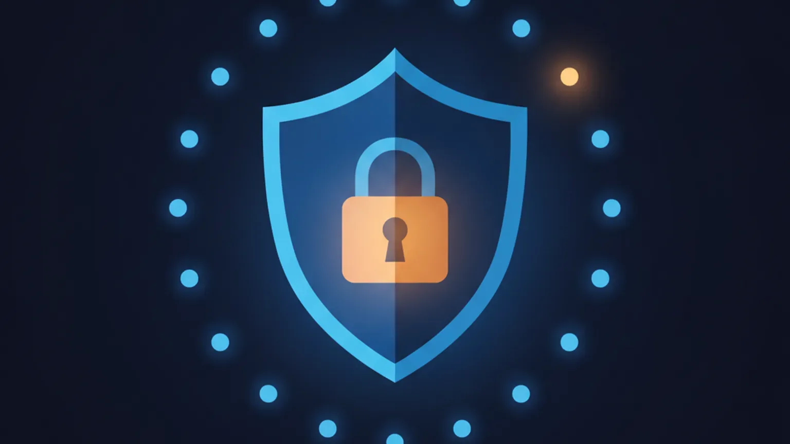 Conceptual illustration of a security shield with a padlock at the center of a recurring monthly cycle of glowing dots, one highlighted in amber, on a dark background
