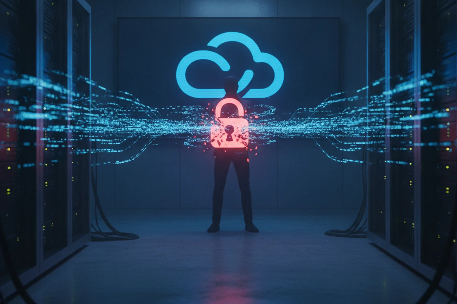 Dark enterprise cloud server room with blue Azure-style interface panels showing security alerts, representing a credential-based cloud data breach affecting Fortune 500 companies