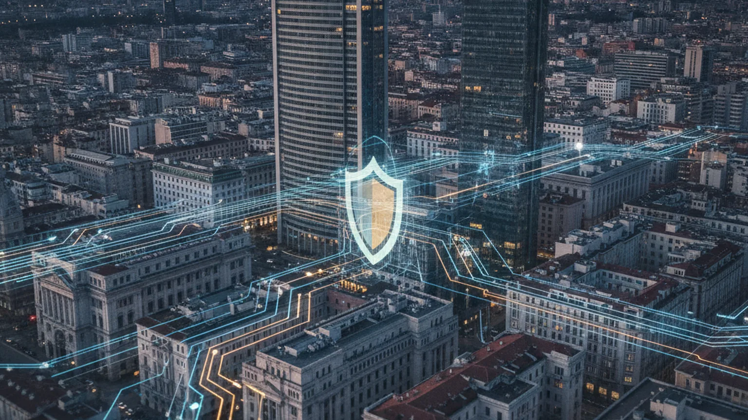 Vista aerea al tramonto di un distretto finanziario italiano con palazzi bancari e torri di vetro, attraversato da flussi di dati blu e ambra e da un motivo a scudo, a rappresentare intelligenza artificiale e resilienza cyber nel settore bancario