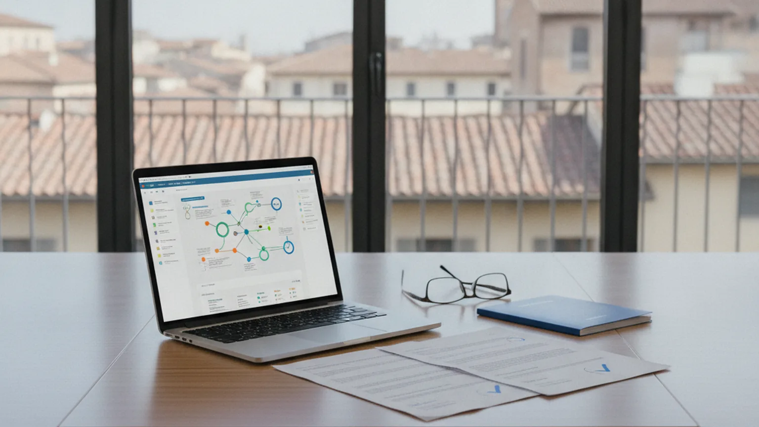 Tavolo di lavoro in un ufficio italiano con vista sui tetti: laptop con un grafo di flussi di dati e controlli di conformità, documenti normativi con spunte e una cartella blu