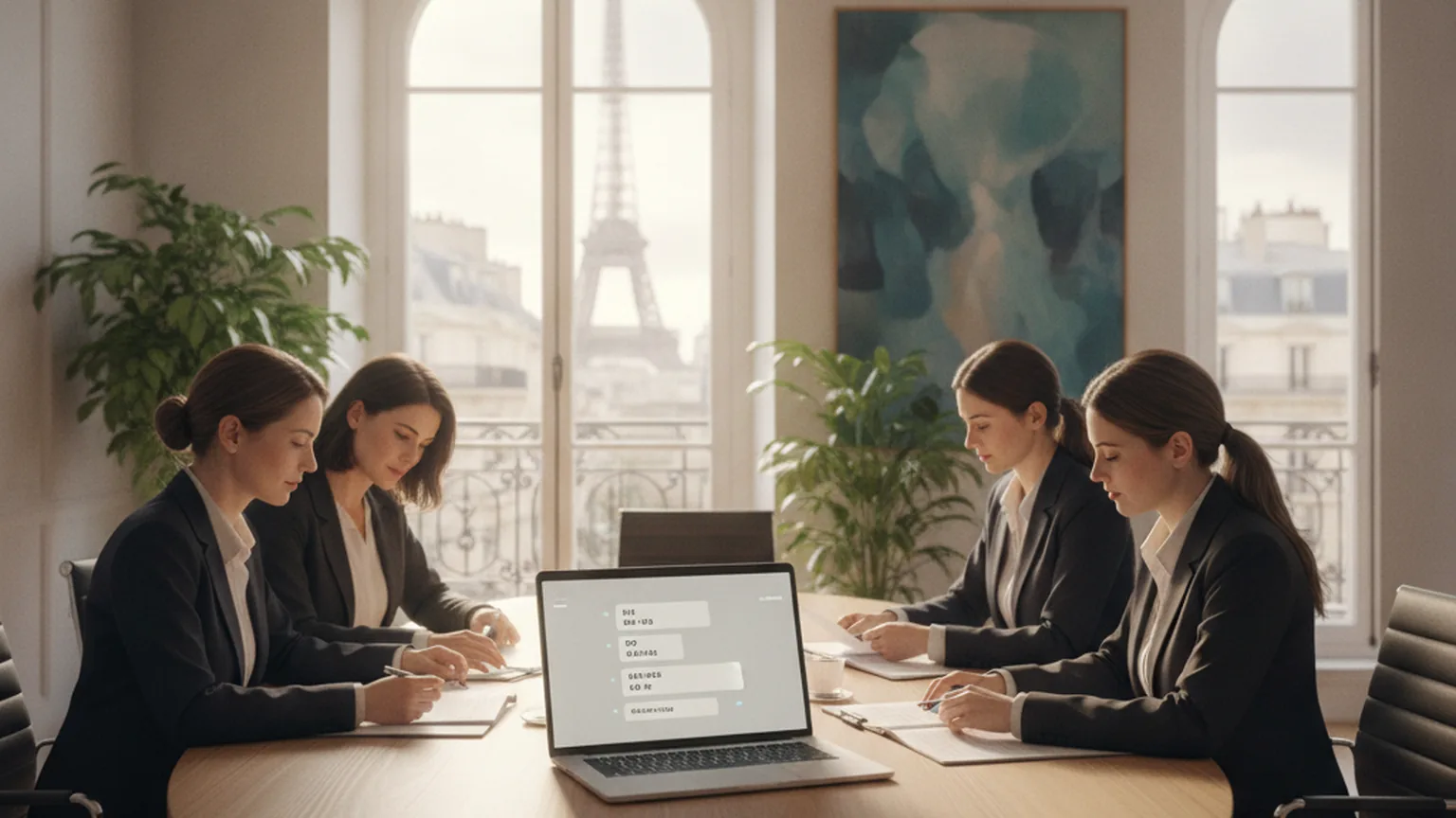 Des avocats en tenue professionnelle examinent des documents autour d'un ordinateur portable affichant une interface d'assistant IA, dans un bureau parisien lumineux avec la tour Eiffel en arrière-plan