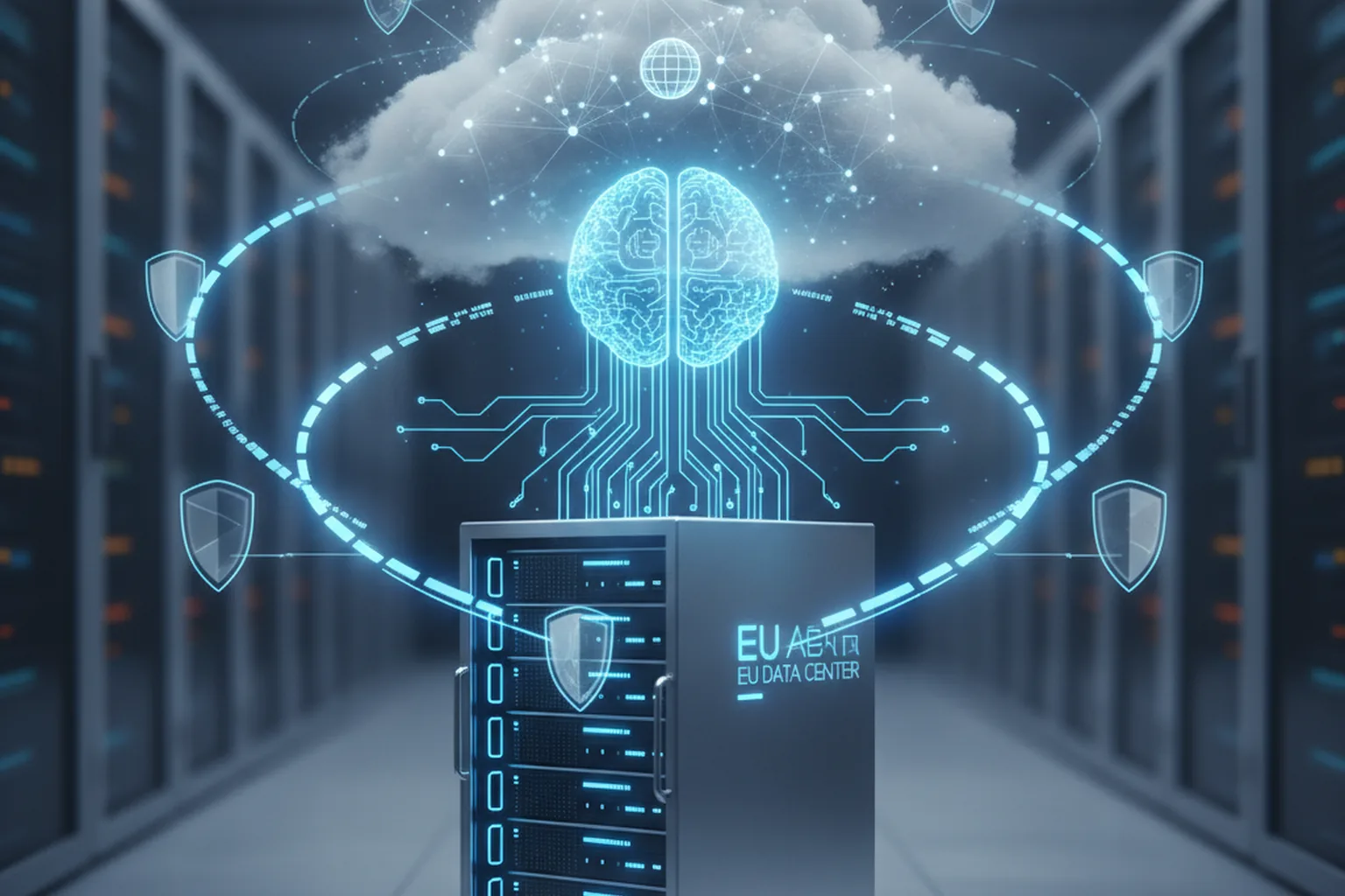 AI agent connected to EU data center with domain filtering shields and cloud network, representing Bedrock AgentCore Web Search EU expansion