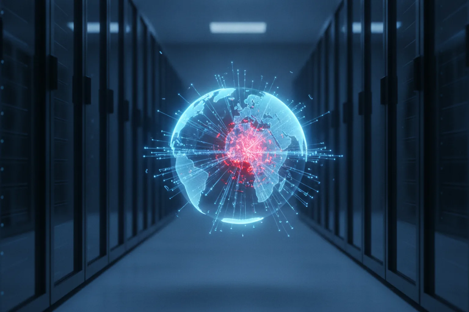 A dark data-center aisle of DNS server racks with a glowing network globe and routing lines, one node fracturing in red, illustrating a denial-of-service crash of a DNS resolver
