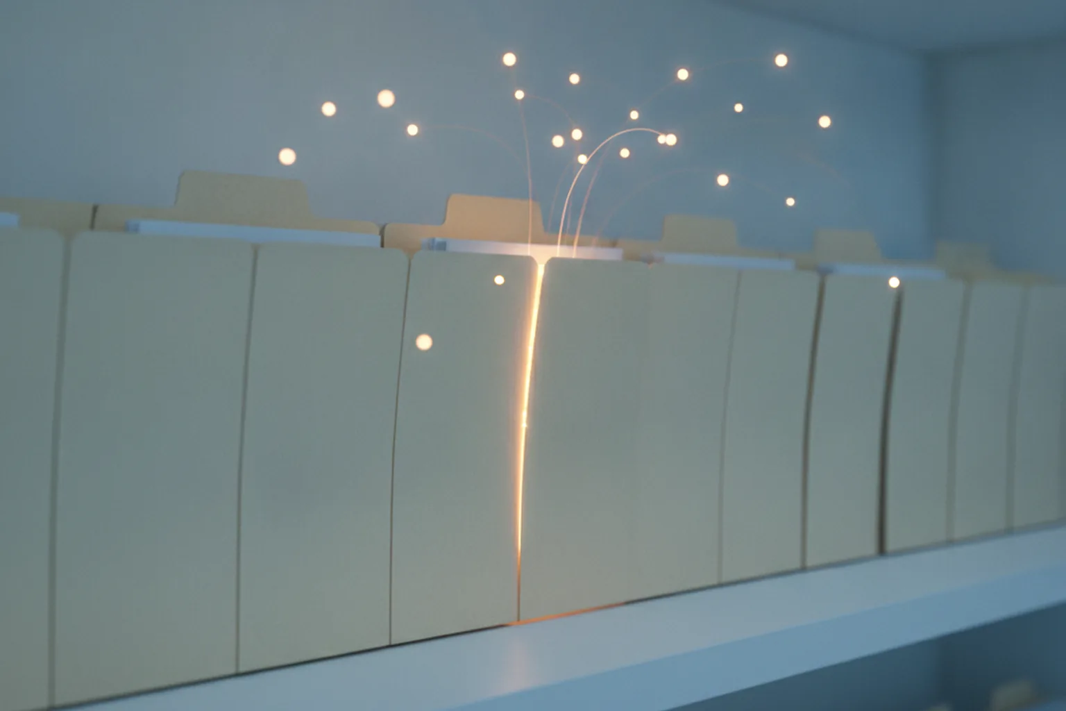 A row of blank file folders on a shelf, one linked by a glowing thread to scattered points of light, illustrating how coded records can be traced back to individuals