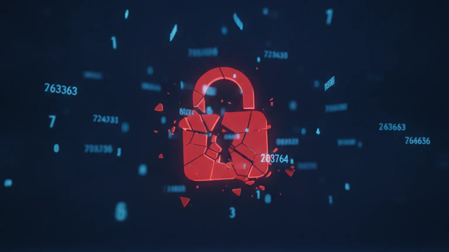 Cadenas numérique brisé entouré de numéros de téléphone flottants sur fond bleu sombre, représentant la fuite de données Bloctel via un compte professionnel compromis