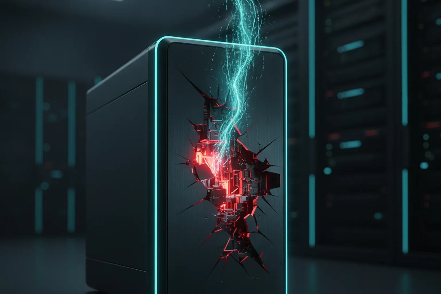 A dark network appliance in a data center with its front panel cracked open, red glowing circuitry exposed and a cyan stream of light escaping through the breach