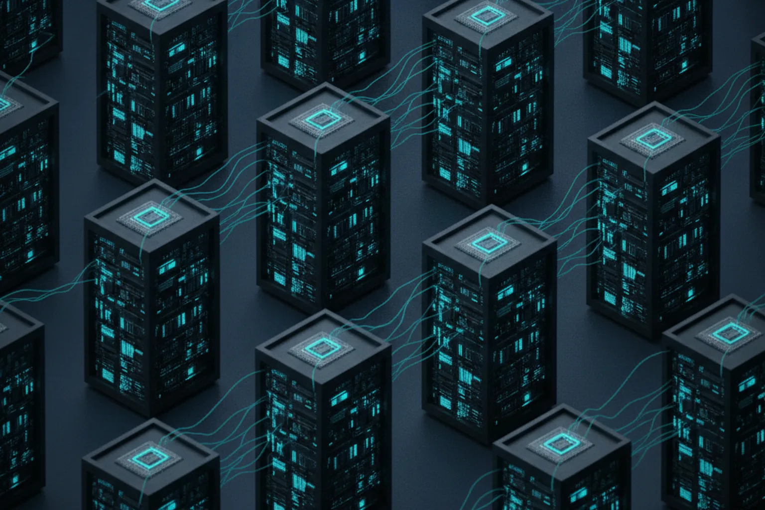Isometric illustration of AI data-center server racks with glowing custom silicon accelerator chips connected by flowing data streams