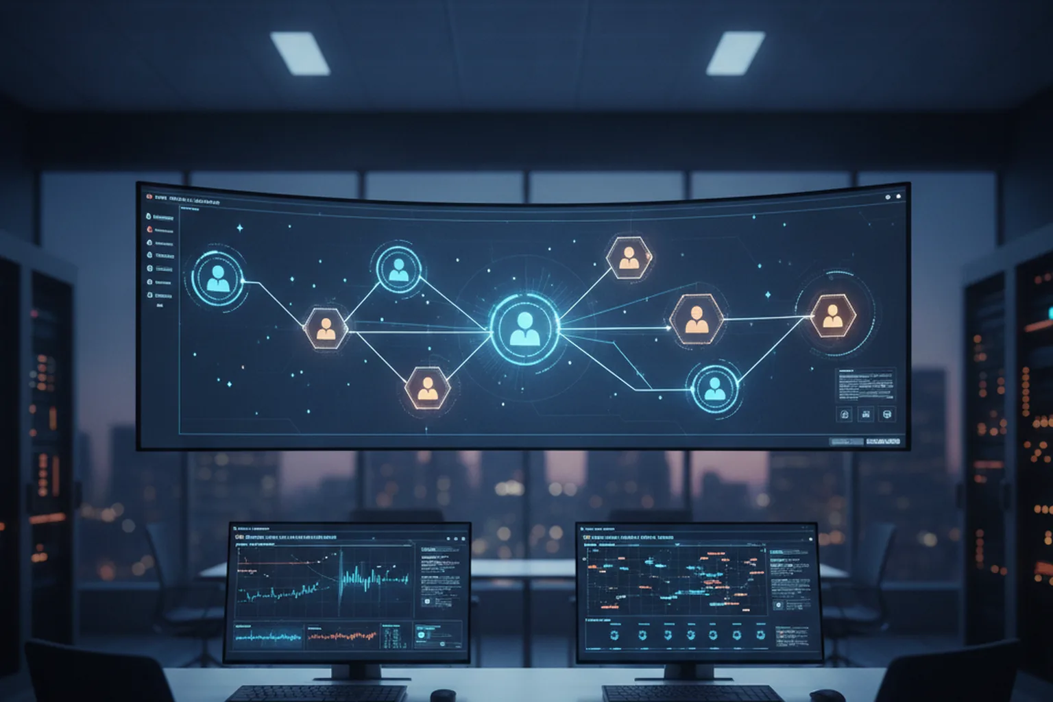 A dark enterprise security operations room with a wide curved screen mapping connections between people and automated agents, with smaller monitors showing activity charts below