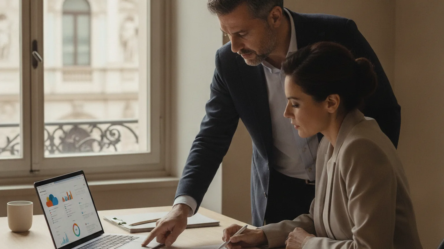 Un imprenditore e una collega esaminano su un portatile i grafici di un gestionale in cloud, in un ufficio milanese con finestra su un palazzo storico