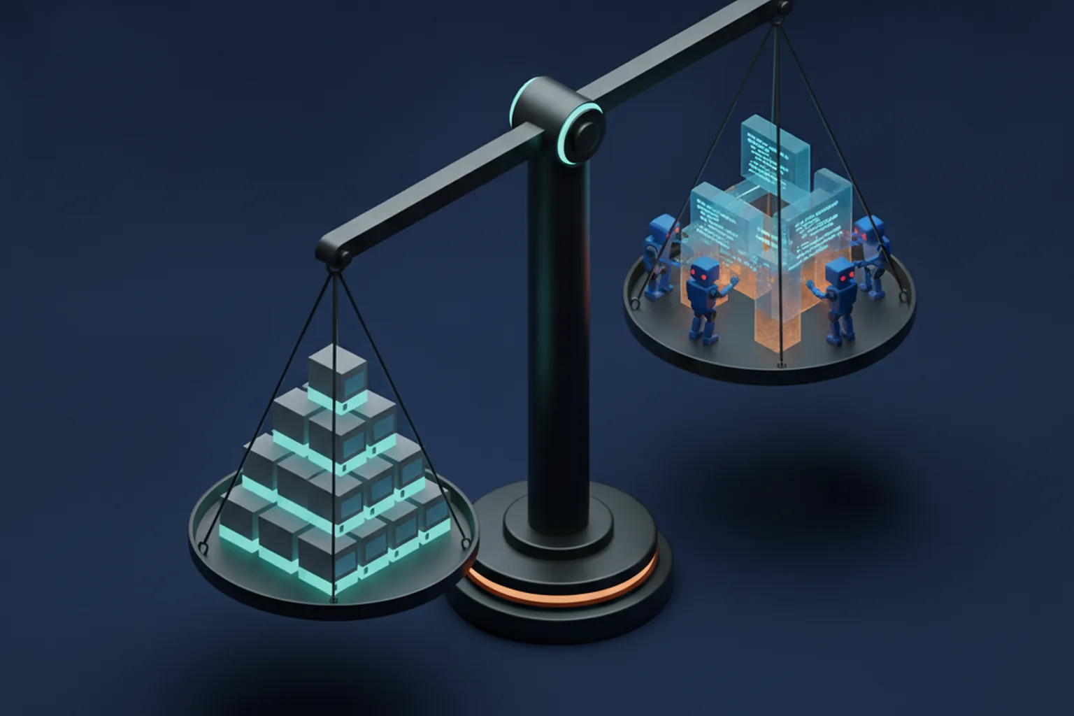 Isometric illustration of a tilted balance scale weighing a stack of boxed software packages against a group of small robots assembling glowing code blocks on a dark navy background