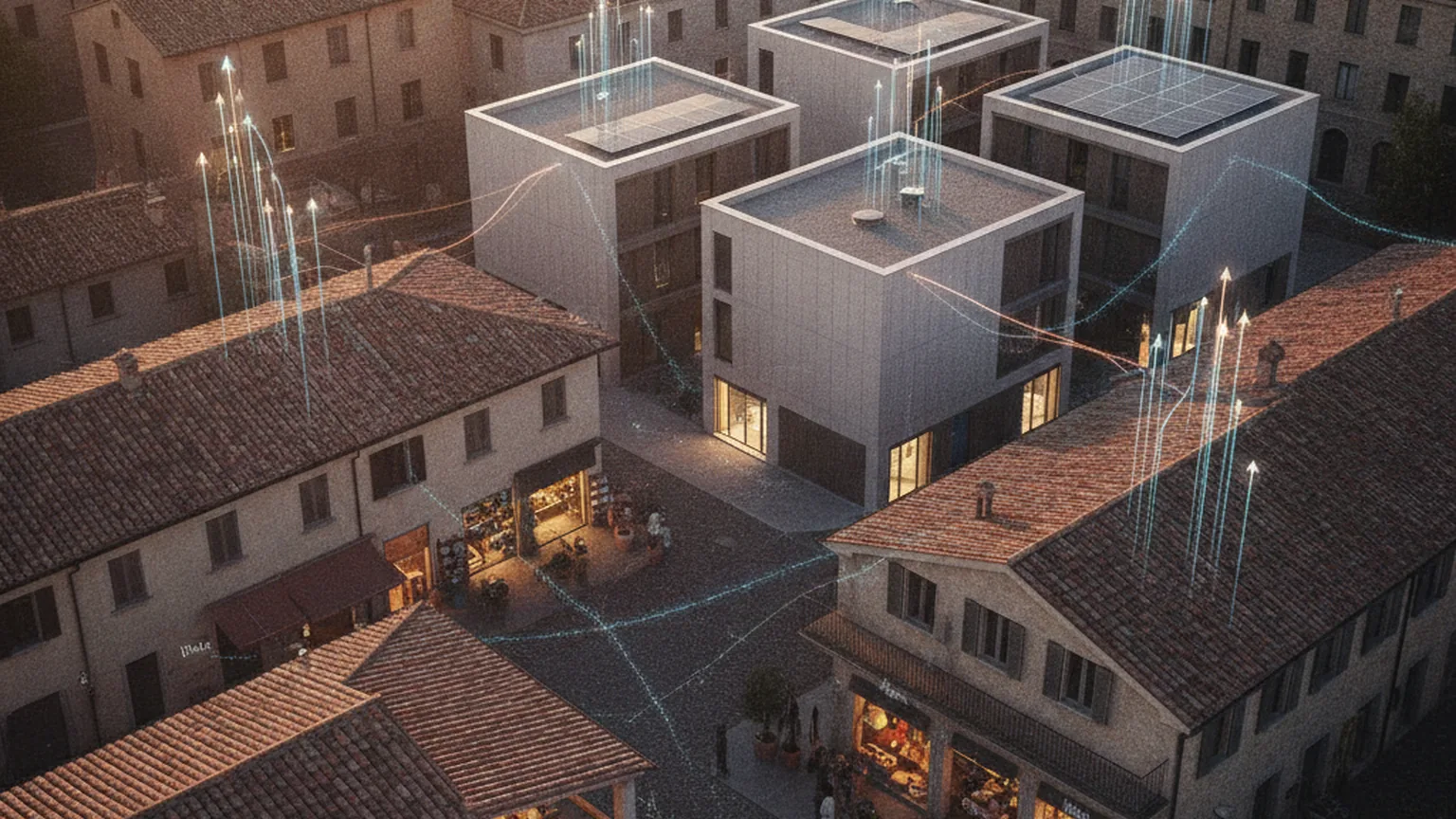 Vista dall'alto di un borgo italiano al tramonto con botteghe illuminate e reti di dati luminose blu e ambra che collegano i tetti, a rappresentare le piccole imprese che adottano tecnologie digitali