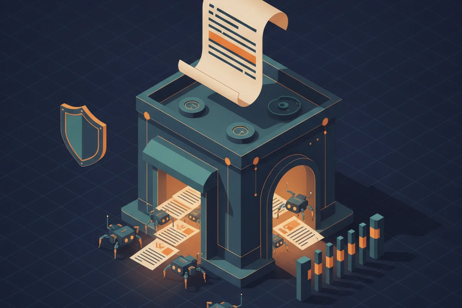 Isometric illustration of a business website building with small crawler robots carrying document pages out of its doors while a contract scroll with a highlighted clause hangs above it