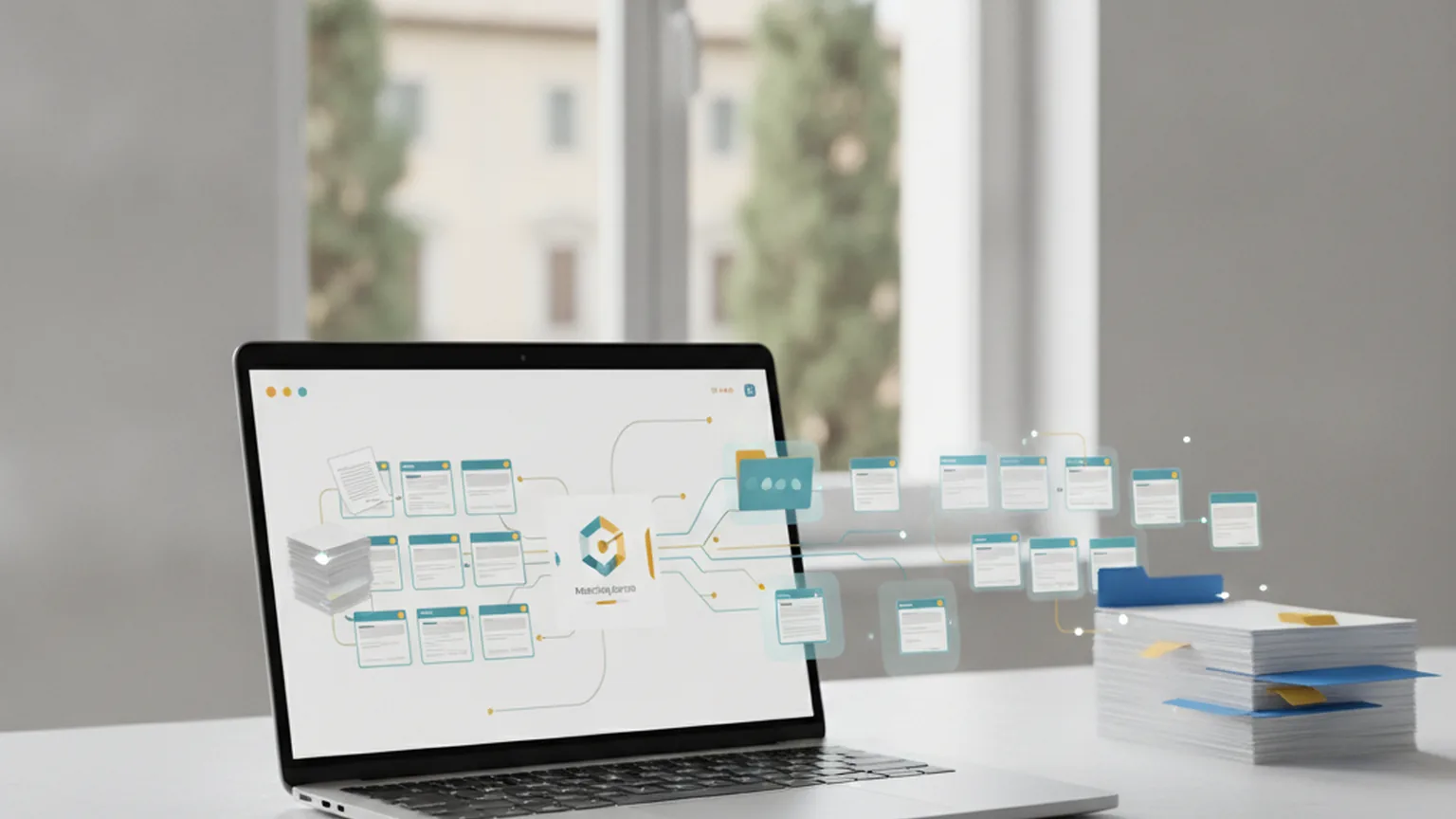 Un laptop su una scrivania mostra una dashboard che smista e abbina documenti di gara, con pile di fascicoli cartacei che si trasformano in schede digitali; sullo sfondo una finestra con un edificio storico italiano