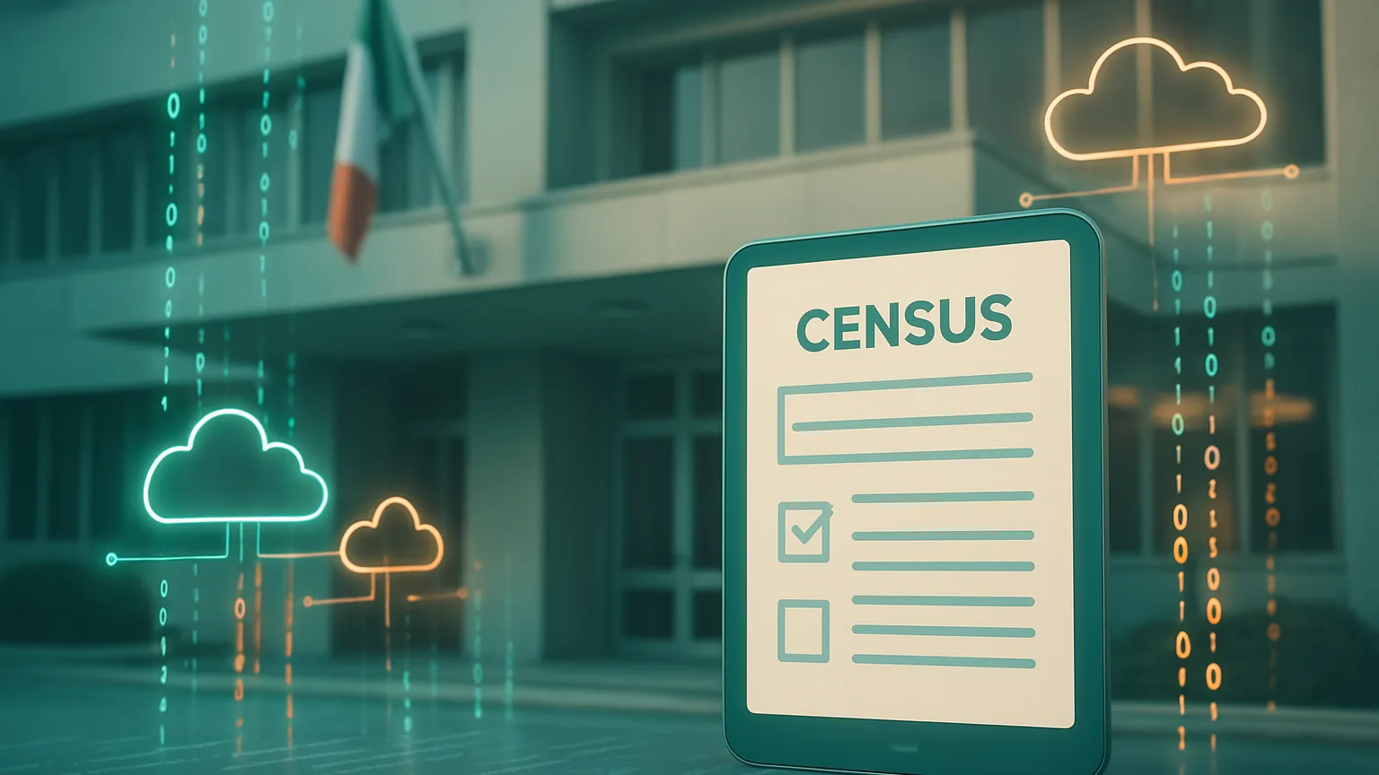 Edificio della pubblica amministrazione italiana con flussi di dati digitali, icone cloud e un documento di censimento ICT su tablet, tonalita' teal e ambra
