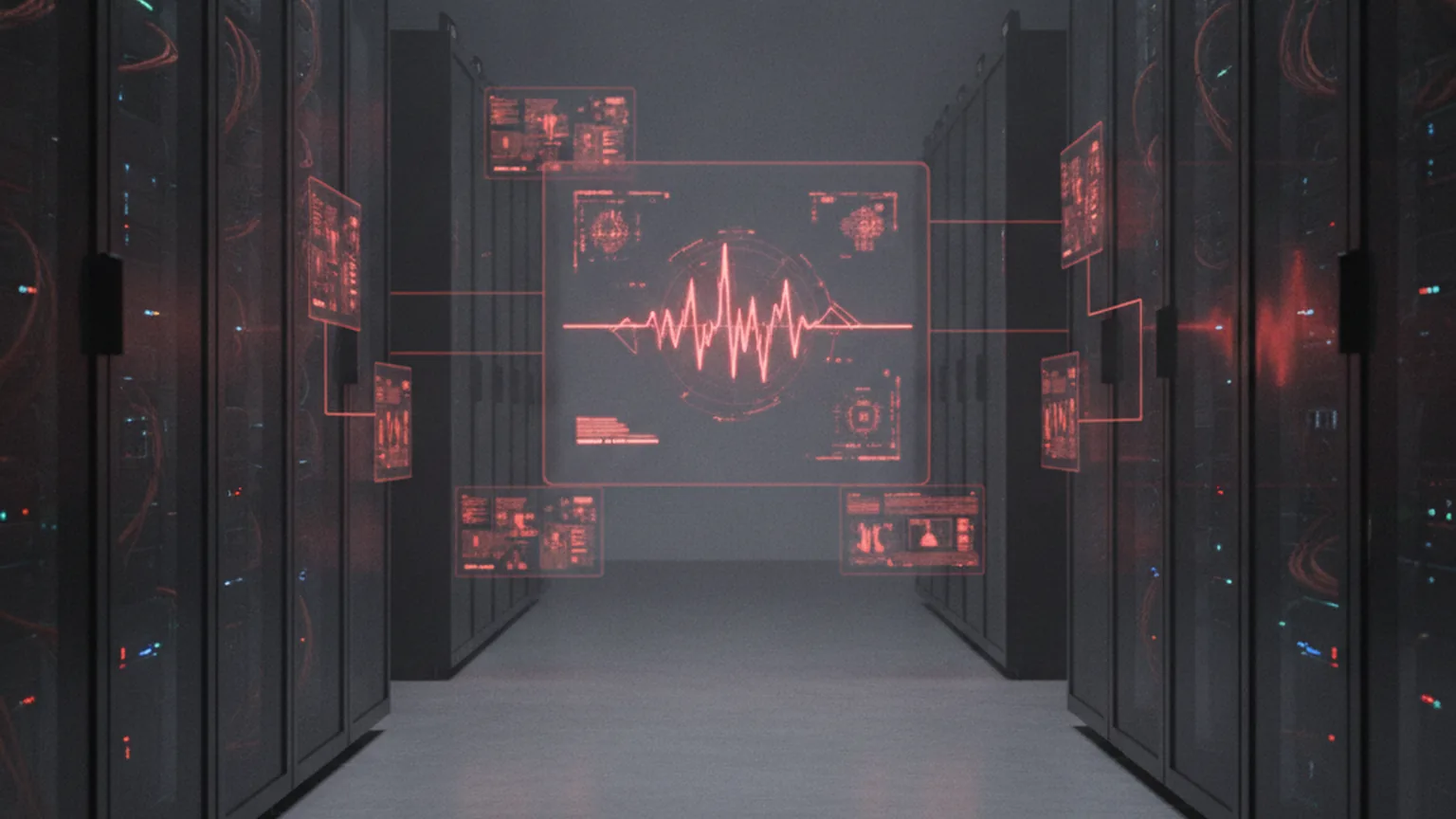 Salle de serveurs avec alertes de cyberattaque sur des écrans holographiques rouges, représentant une intrusion dans des systèmes logistiques