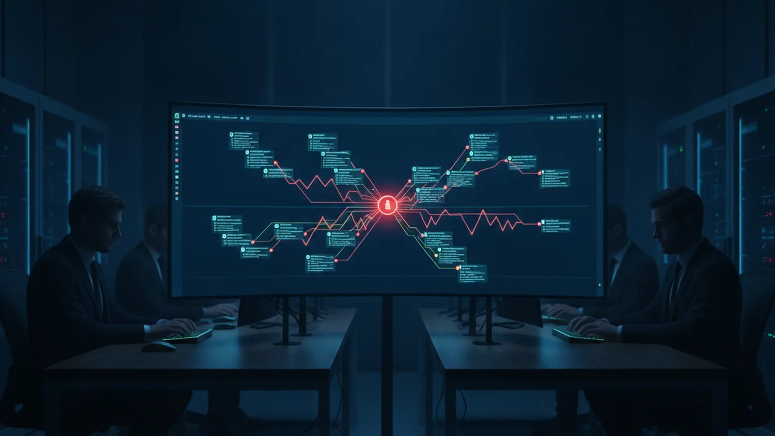 Centro operativo di cybersicurezza con grafo delle dipendenze npm compromesse su schermo, nodi collegati da linee con icone di allarme rosse, atmosfera professionale in blu scuro