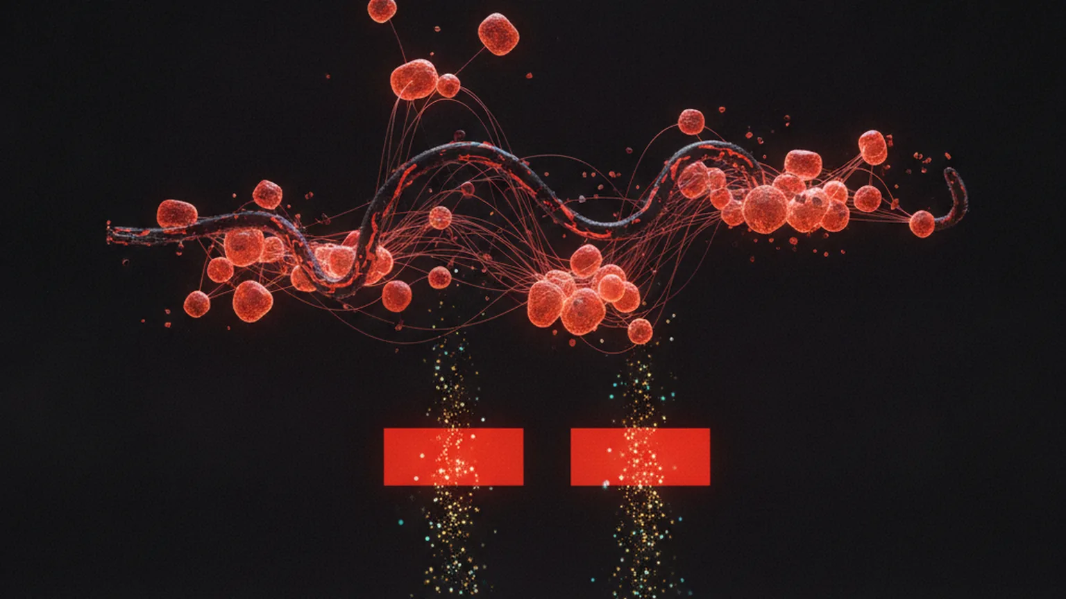 Visualizzazione astratta di un worm malware che si propaga attraverso un grafo di dipendenze npm, con nodi rossi che si espandono e credenziali che fuoriescono come particelle luminose, su sfondo scuro