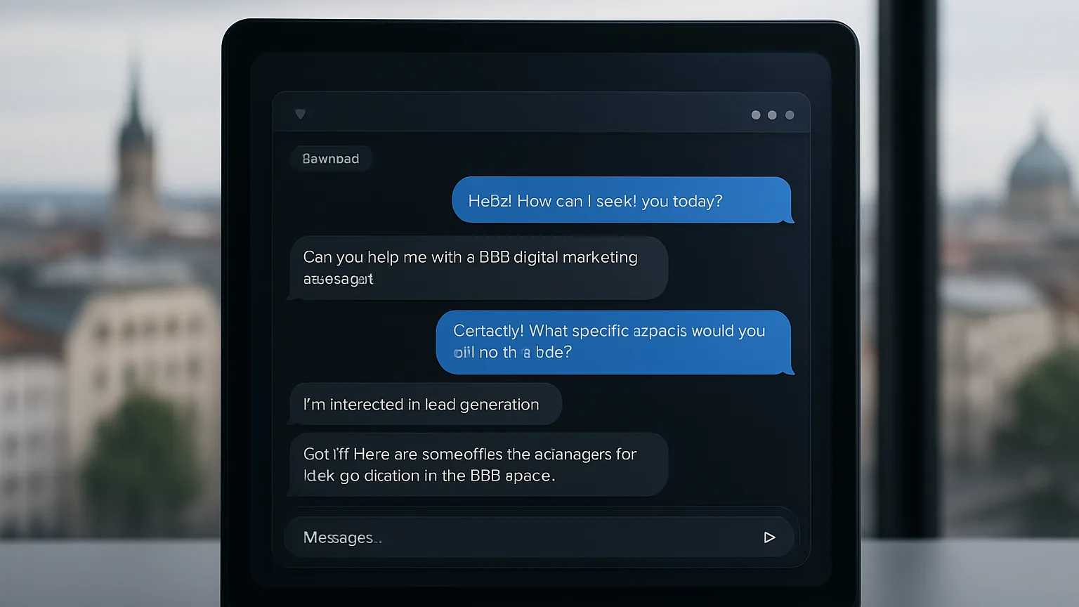 Interface de chatbot IA affichant un label publicit&eacute; sponsoris&eacute;e sur fond sombre avec panorama urbain europ&eacute;en, illustration du lancement de ChatGPT Ads en France