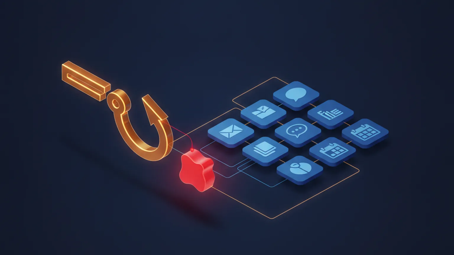 Isometric illustration of an amber hyperlink-shaped hook pulling a single glowing red rogue AI agent node into a cluster of blue connected enterprise app nodes over thin data lines on a dark navy background