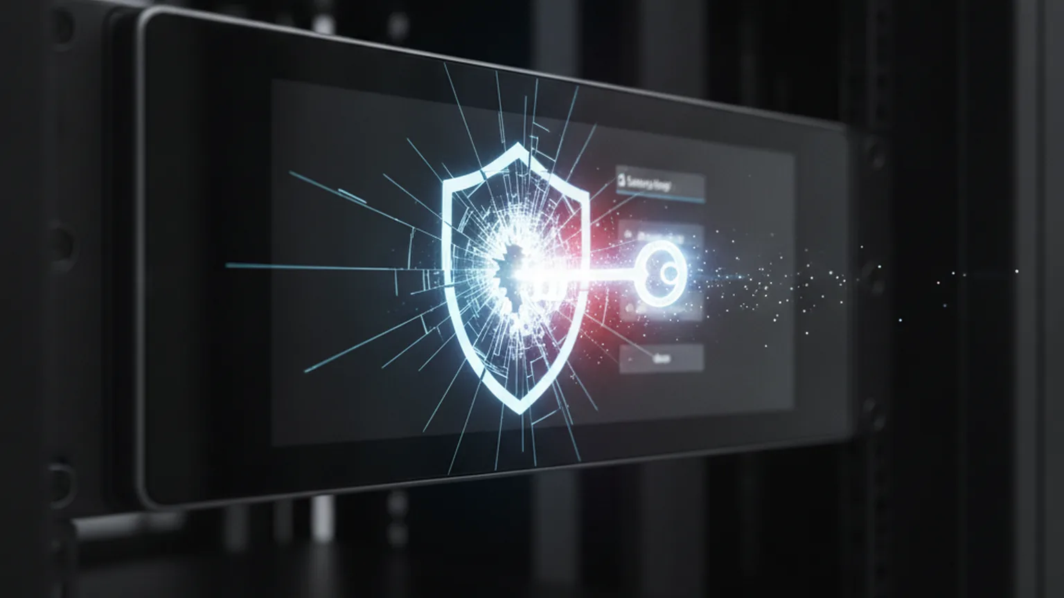 A network security management appliance in a dark data-center rack with a cracked login shield on its console screen and a glowing key-shaped access token being pulled out, a red warning glow nearby, illustrating an authentication-bypass vulnerability