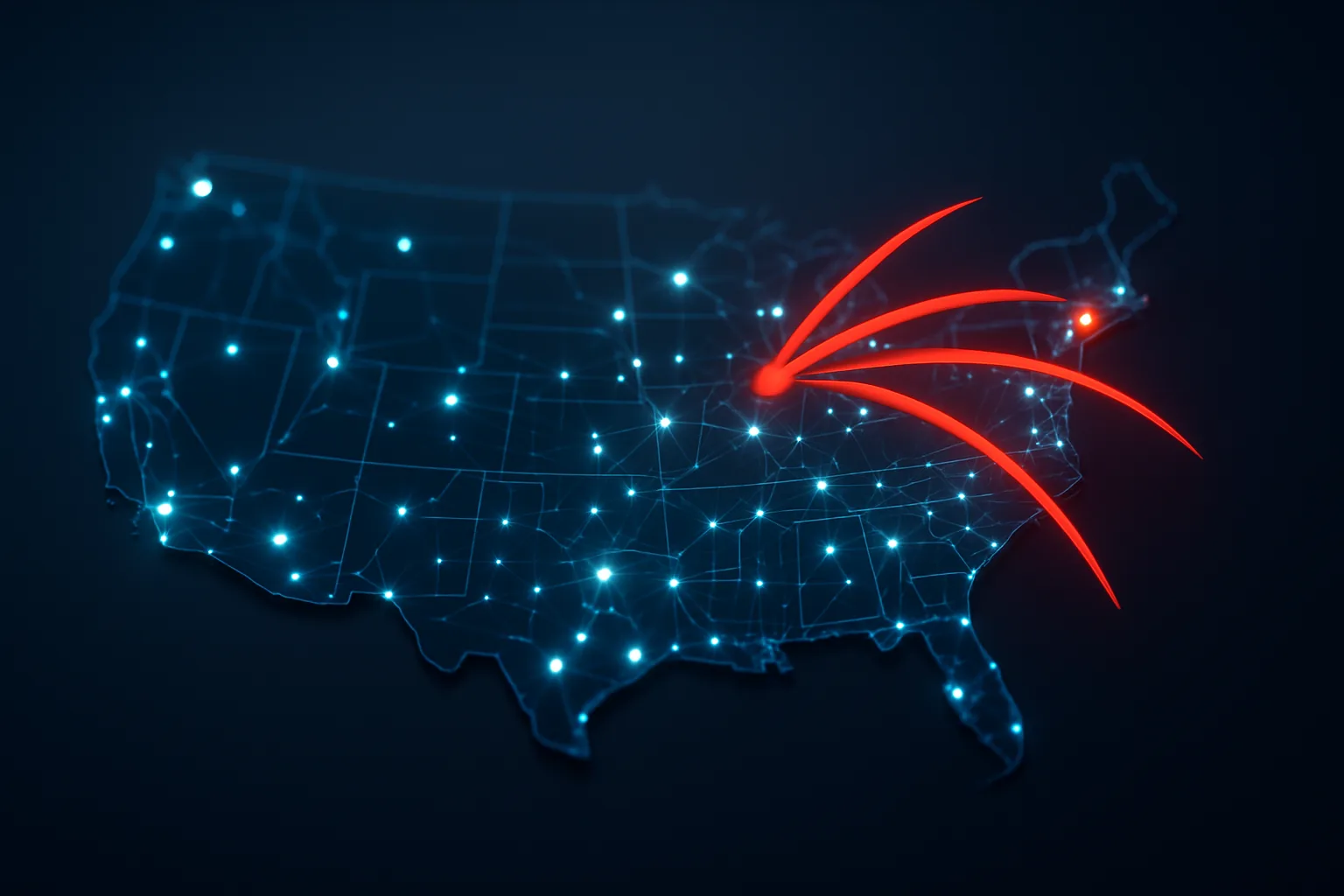 Digital map of the United States with glowing network nodes and red threat vectors representing a Chinese state-sponsored cyber operation against federal infrastructure
