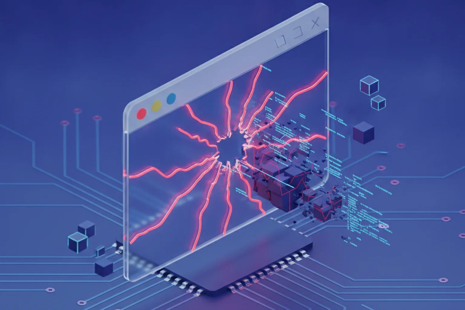 Isometric illustration of a translucent browser window fracturing, with red crack lines spreading from the center and memory blocks breaking apart over a blue circuit-board background