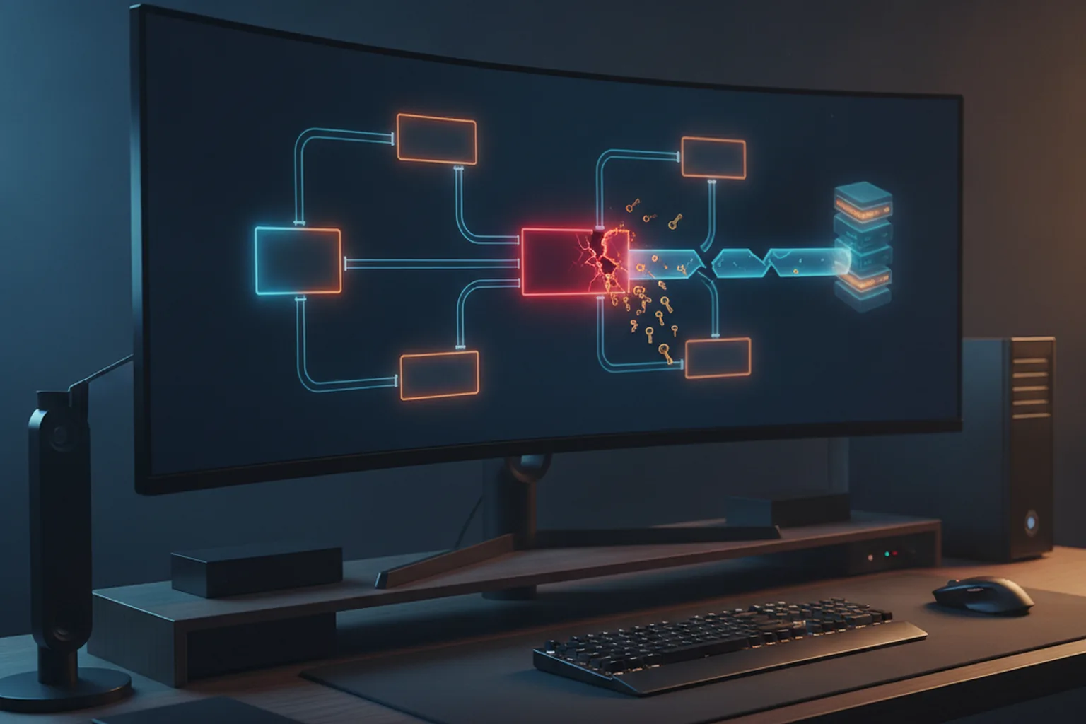 Developer monitor showing a glowing pipeline diagram where one red broken stage leaks small golden keys toward a distant server