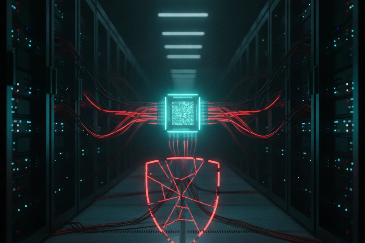 Ein dunkles Rechenzentrum mit Reihen von Linux-Servern und einem leuchtenden Kernel-Kern, rote Warnimpulse laufen entlang der Netzwerkkabel auf ein gebrochenes Schild zu und veranschaulichen aktiv ausgenutzte Kernel-Schwachstellen