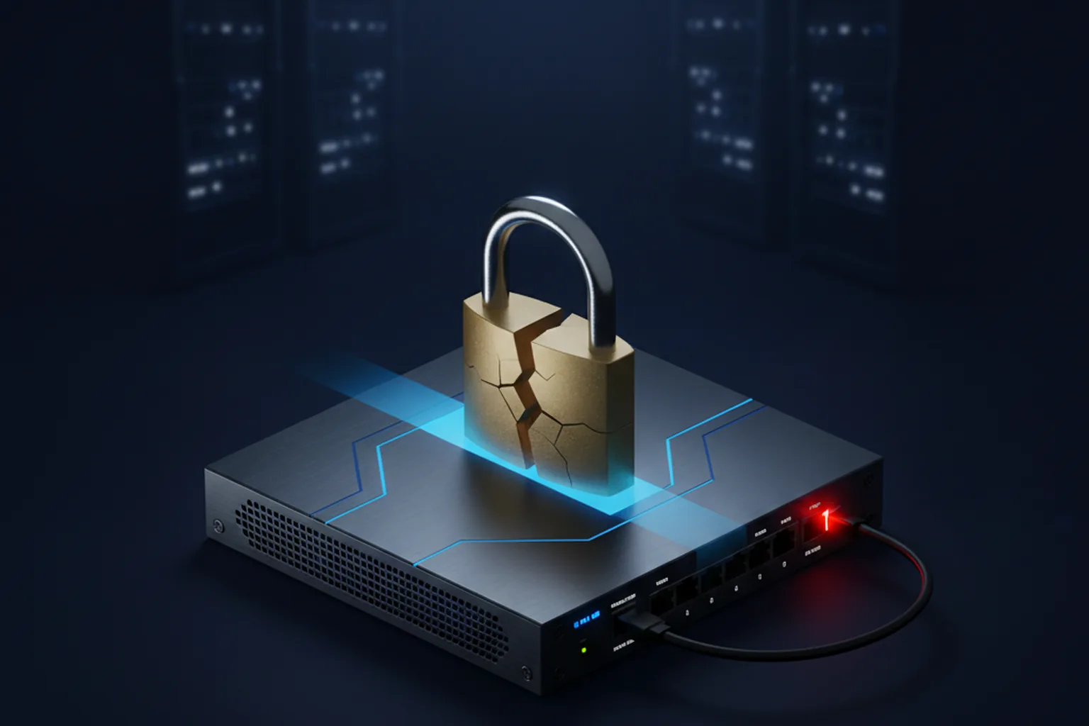 Isometric illustration of a generic enterprise firewall appliance with a cracked padlock on a glowing blue VPN tunnel and a red alert light on the port, server racks visible in a dark navy background, representing an exploited SSL VPN vulnerability