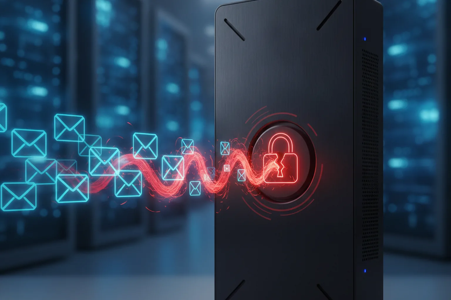 Un'appliance di sicurezza e-mail in un data center buio, verso cui affluisce un flusso di pacchetti e-mail; un payload diventa rosso mentre raggiunge un lucchetto rotto, a illustrare un'e-mail malevola che compromette il gateway