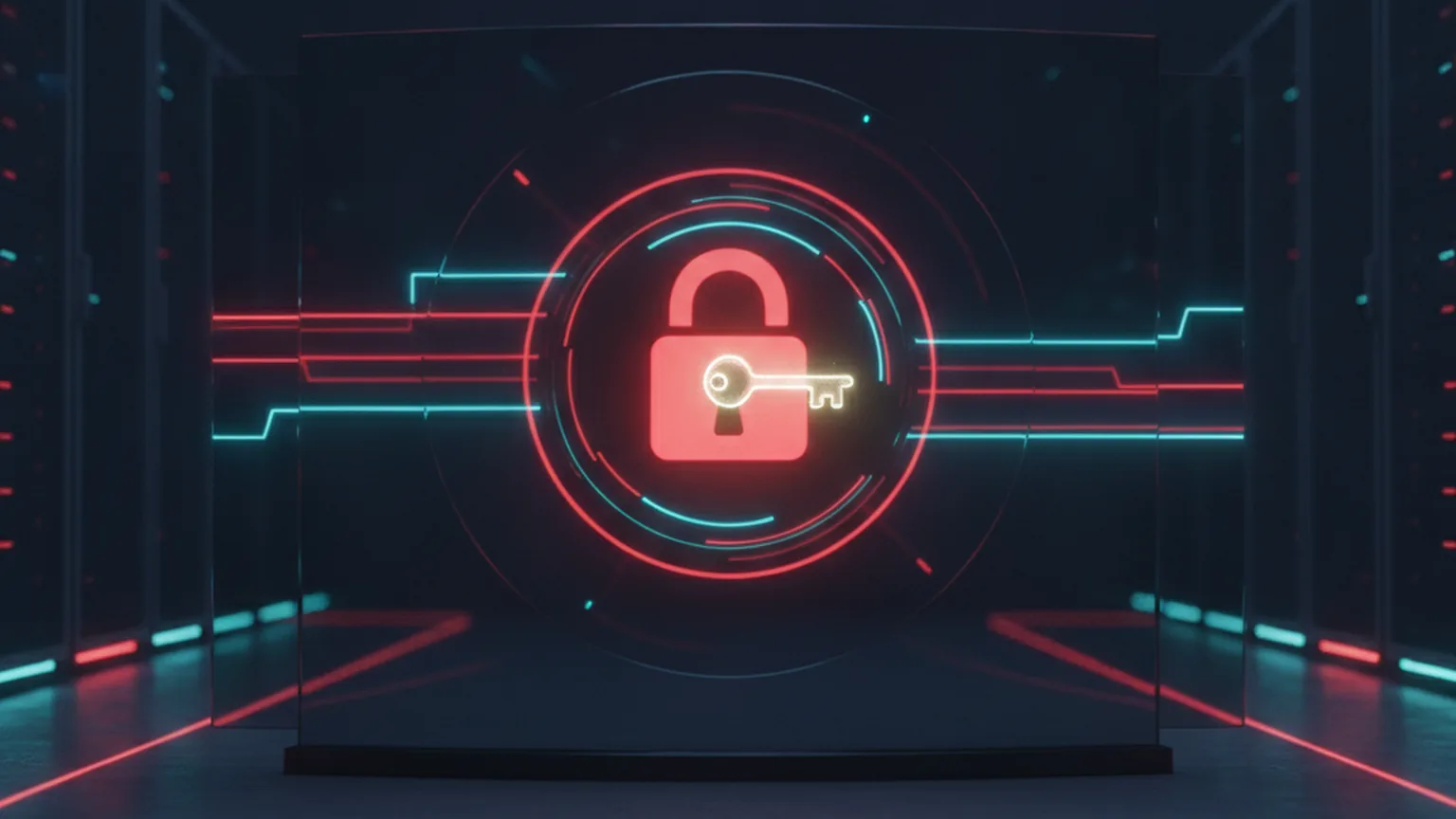 A glowing padlock icon with a hidden key embedded inside it on a dark data-center control panel, illustrating a built-in hardcoded credential in security infrastructure