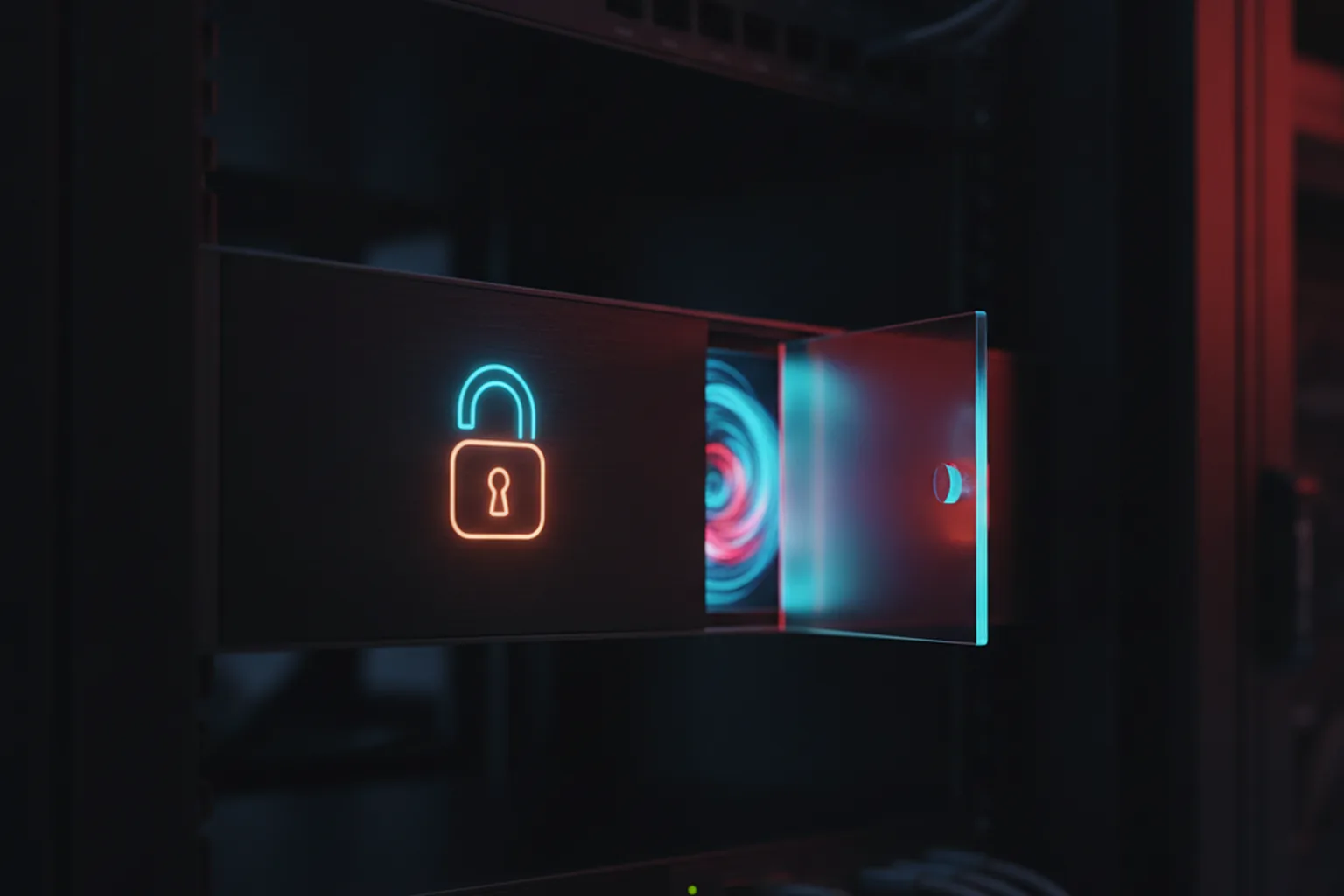 Un lucchetto aperto luminoso accanto a una porta gateway traslucida che si apre su un apparato di rete scuro illuminato di rosso e ciano, a rappresentare una falla di bypass dell'autenticazione su un gateway VPN