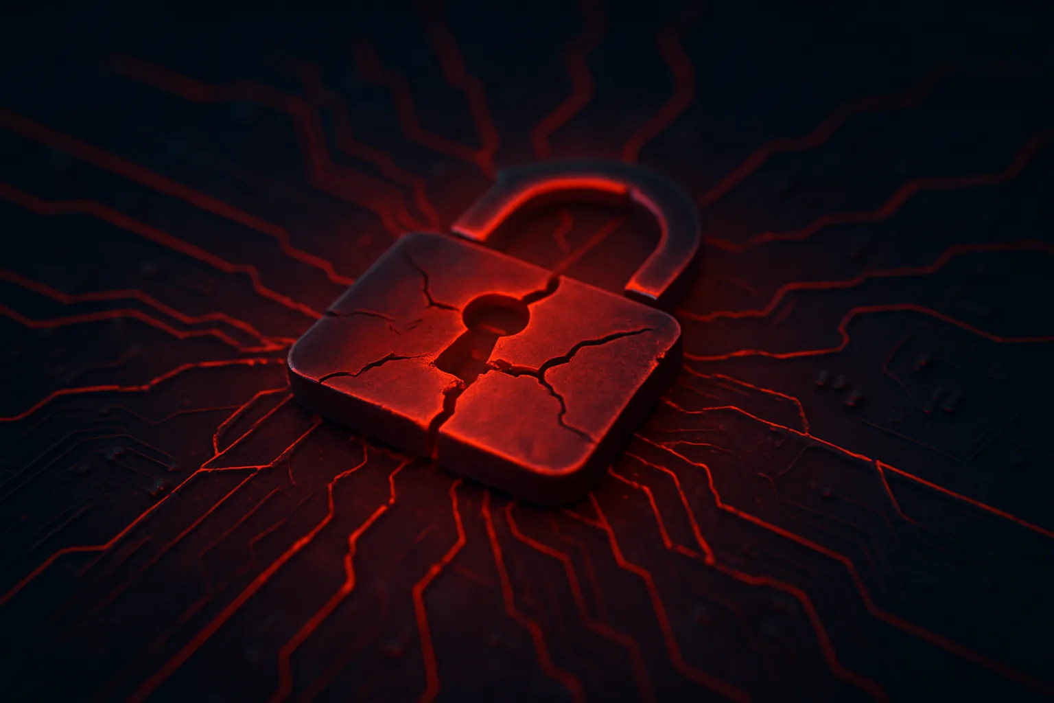 Cracked red padlock on a dark circuit board background representing a network security breach, enterprise infrastructure vulnerability concept